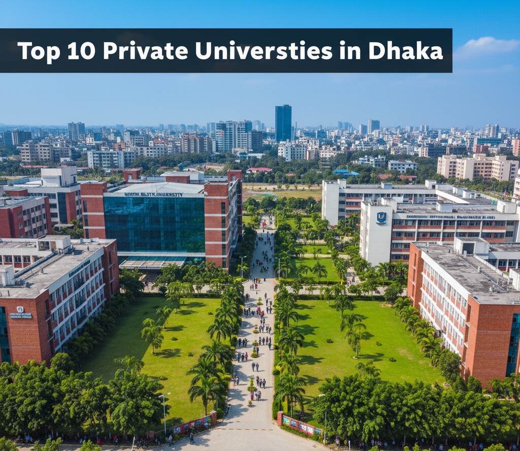 Aerial view of top private universities in Dhaka Bangladesh with students walking on campus and modern academic buildings