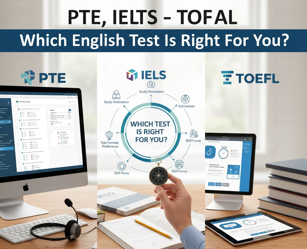 Comparison of PTE, IELTS, and TOEFL exams showing scoring, format, and best test choice for international students