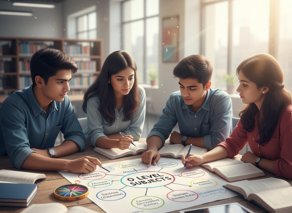 Students discussing O Level subject choices with a counselor, surrounded by books and career charts, symbolizing academic planning and guidance