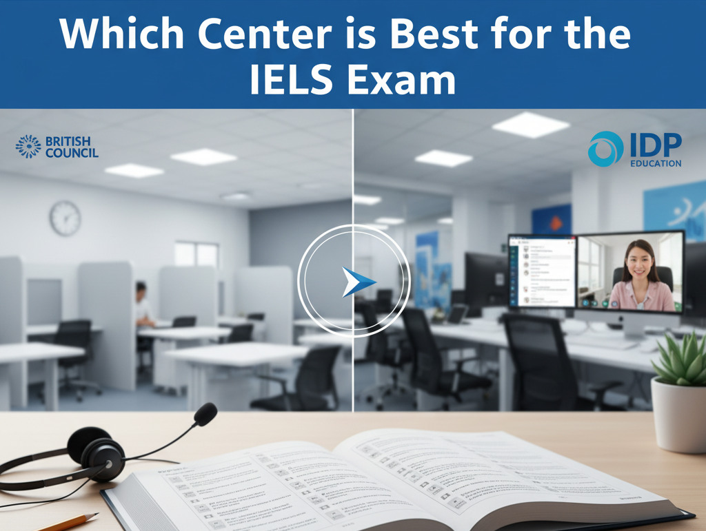 Students sitting in an IELTS exam center with test papers, computers, and supervisors in a modern, professional environment