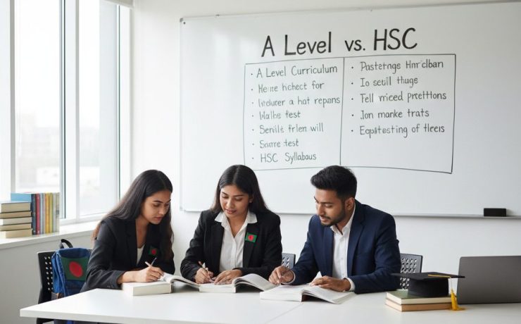 Bangladeshi students studying in classroom comparing A Level and HSC education systems with textbooks
