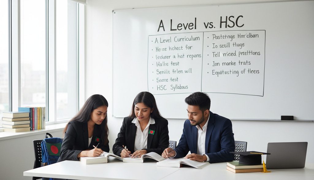 Bangladeshi students studying in classroom comparing A Level and HSC education systems with textbooks