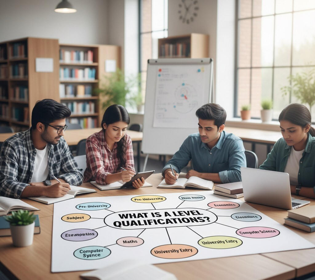 Students studying A Level subjects with textbooks and laptops in a classroom setting, representing UK A Level qualifications and exams