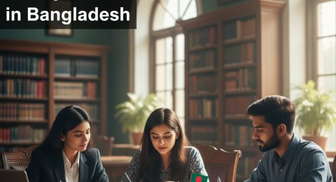 Law students studying in Bangladesh university classroom with legal books and Bangladesh flag in background