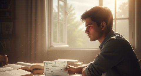 A hopeful student looking at HSC exam results after failing one subject, symbolizing guidance and second chances