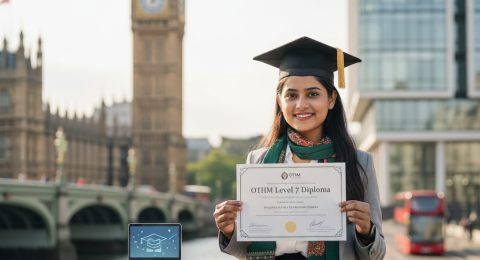 Bangladeshi postgraduate student celebrating OTHM Level 7 Diploma achievement with UK university buildings in background, symbolising Master’s progression.