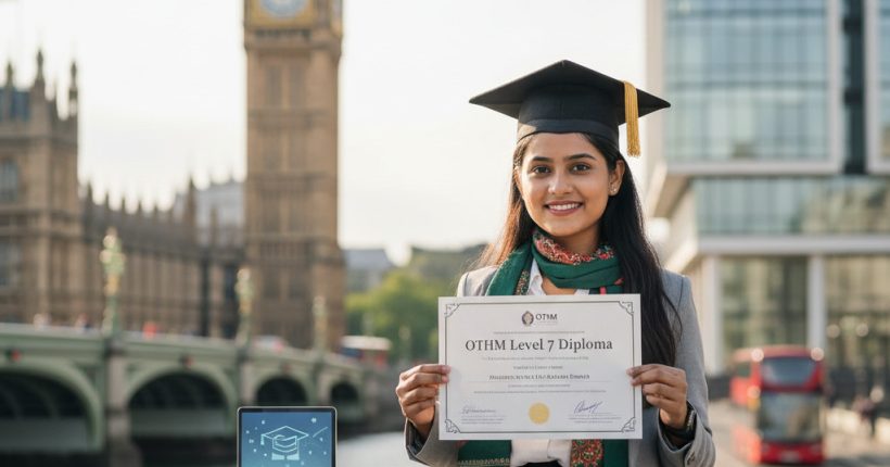 Bangladeshi postgraduate student celebrating OTHM Level 7 Diploma achievement with UK university buildings in background, symbolising Master’s progression.