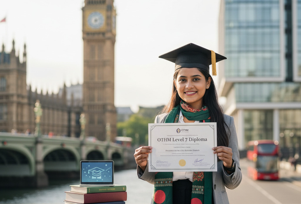 Bangladeshi postgraduate student celebrating OTHM Level 7 Diploma achievement with UK university buildings in background, symbolising Master’s progression.