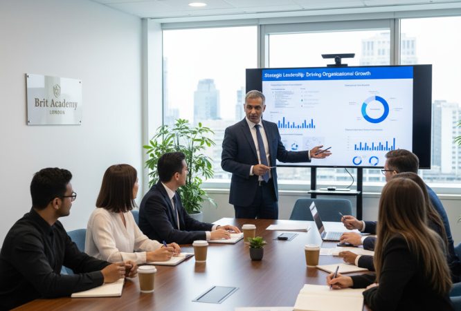 Professionals in a corporate training environment studying for the OTHM Level 7 Diploma in Strategic Management and Leadership at Brit Academy London.