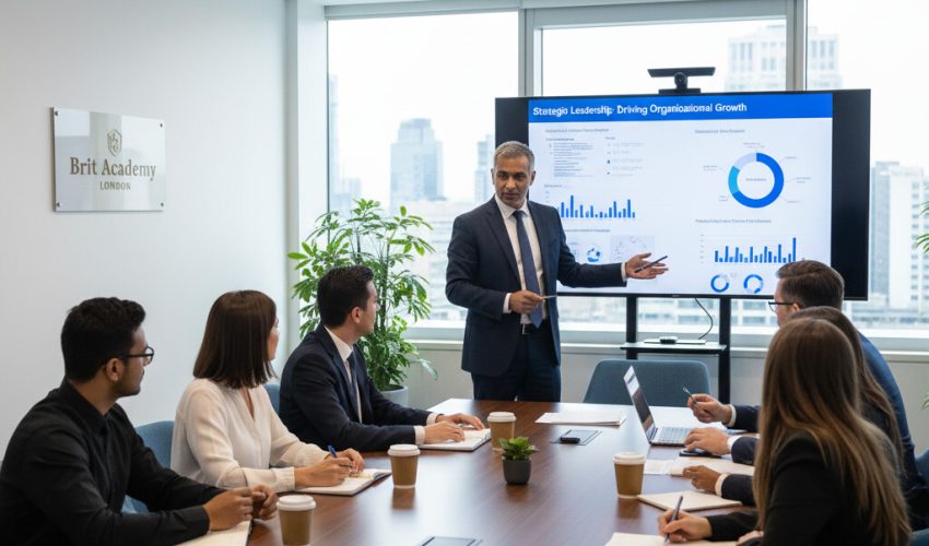 Professionals in a corporate training environment studying for the OTHM Level 7 Diploma in Strategic Management and Leadership at Brit Academy London.