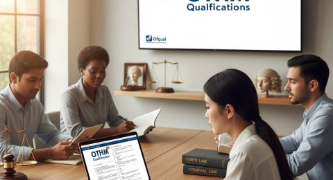 Student studying OTHM Level 5 Extended Diploma in Law with legal books and laptop, preparing for a successful legal career