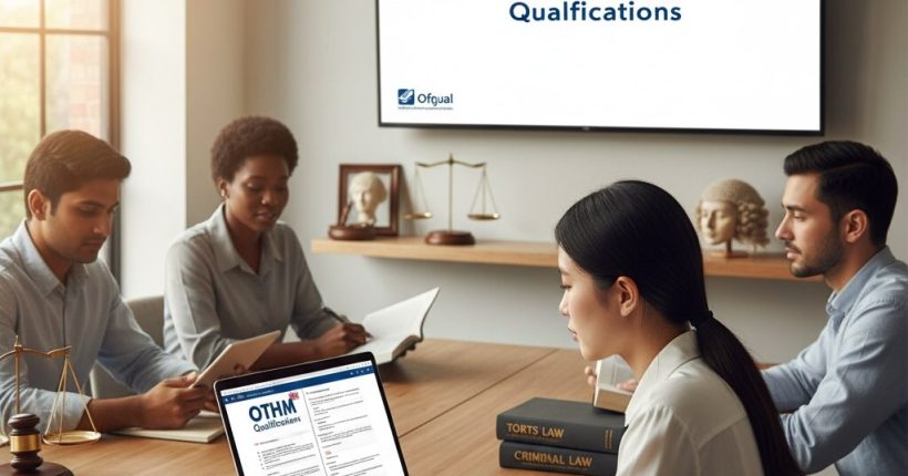 Student studying OTHM Level 5 Extended Diploma in Law with legal books and laptop, preparing for a successful legal career