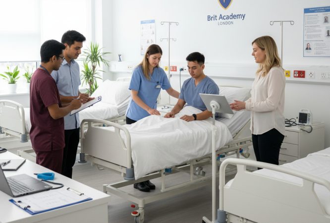 Students in a healthcare management class at Brit Academy London studying for the OTHM Level 5 Extended Diploma in Health and Social Care with hands-on learning.