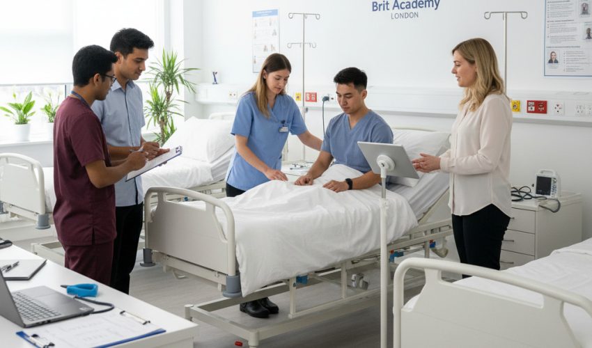 Students in a healthcare management class at Brit Academy London studying for the OTHM Level 5 Extended Diploma in Health and Social Care with hands-on learning.