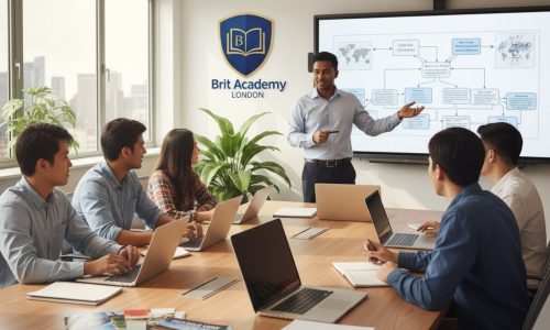 Students studying hospitality and tourism management at Brit Academy London for the OTHM Level 5 Extended Diploma, learning real-world management skills.