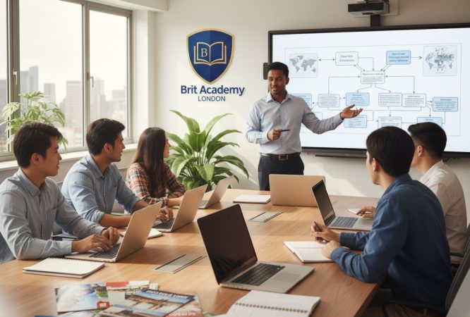 Students studying hospitality and tourism management at Brit Academy London for the OTHM Level 5 Extended Diploma, learning real-world management skills.