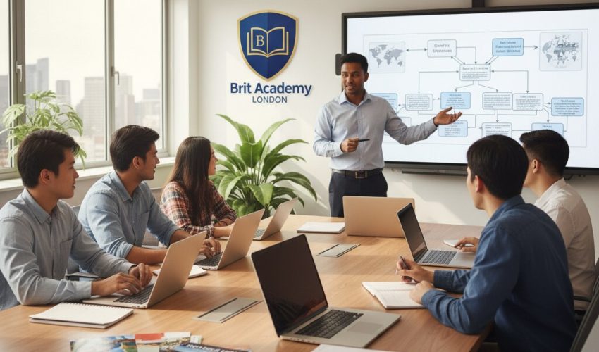 Students studying hospitality and tourism management at Brit Academy London for the OTHM Level 5 Extended Diploma, learning real-world management skills.