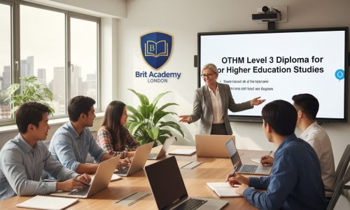 Students studying in a modern classroom at Brit Academy London for the OTHM Level 3 Diploma in Higher Education Studies.