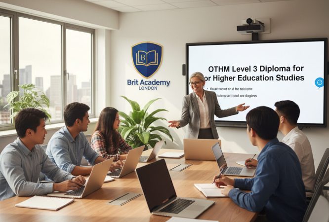 Students studying in a modern classroom at Brit Academy London for the OTHM Level 3 Diploma in Higher Education Studies.