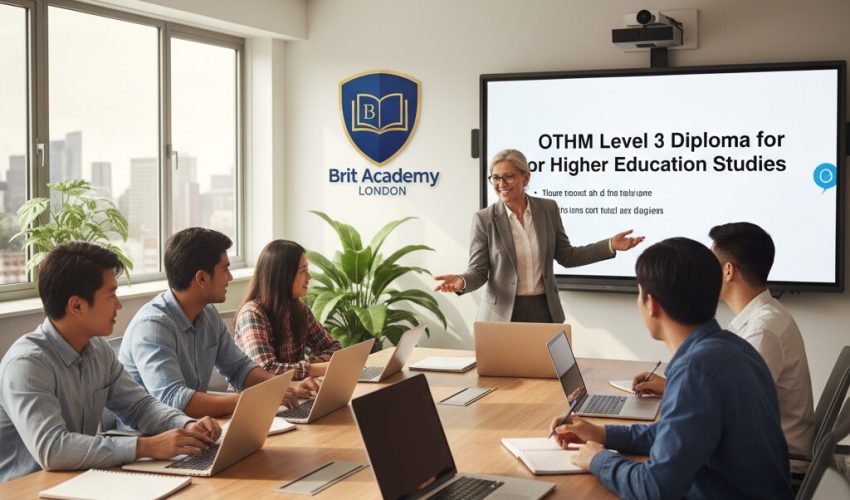 Students studying in a modern classroom at Brit Academy London for the OTHM Level 3 Diploma in Higher Education Studies.