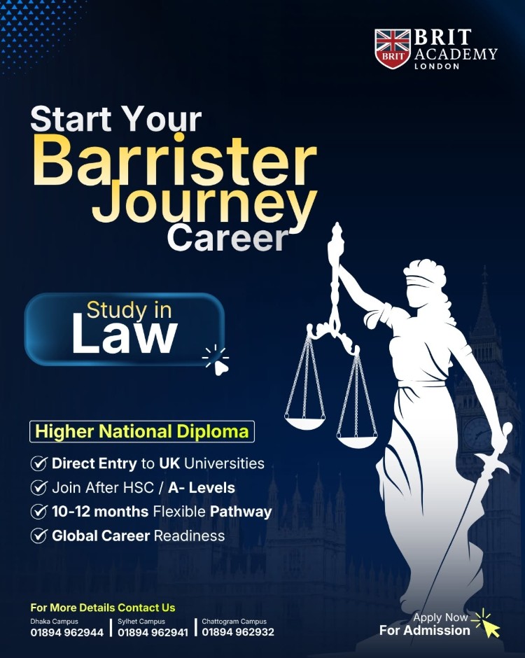 BRIT ACADEMY's Higher National Diploma (HND) in Law program, illustrating the academic pathway from HSC and A-Levels to a prestigious UK university degree.